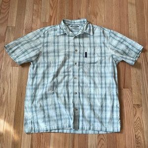 Columbia Shirt Men Large White Blue Plaid Button Up Short Sleeve Outdoors Hiking
